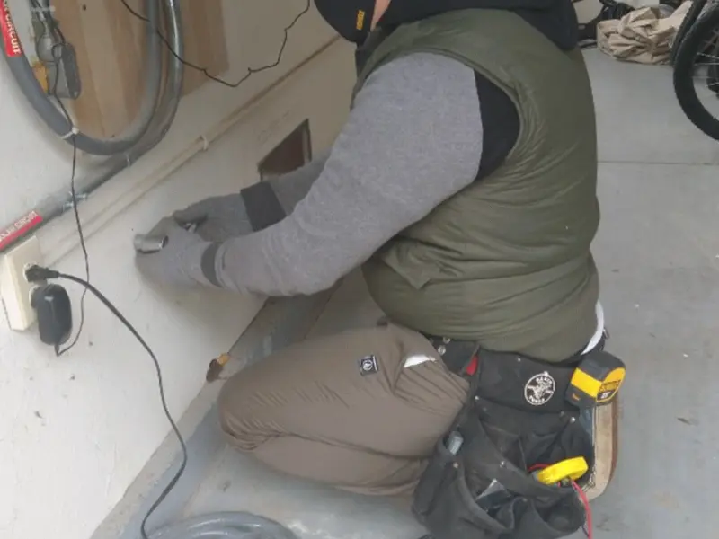 Electrician performing outlet wiring in a Tehachapi garage